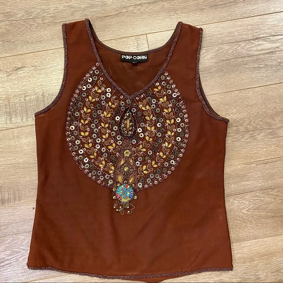 BEADED CROP TOP SZ L BROWN GREAT CONDITION - Picture 4 of 7